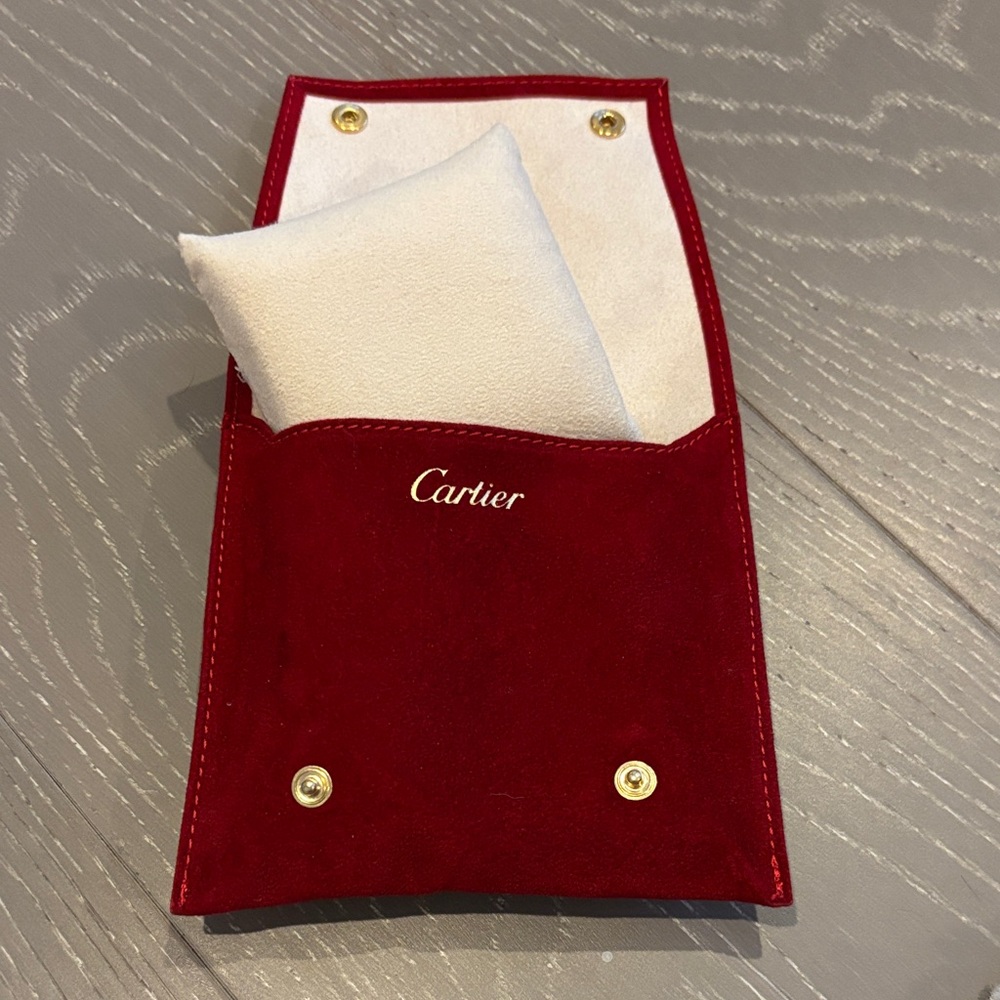 New Authentic Cartier Red Suede Pouch with Gold Accents to store Jewelry